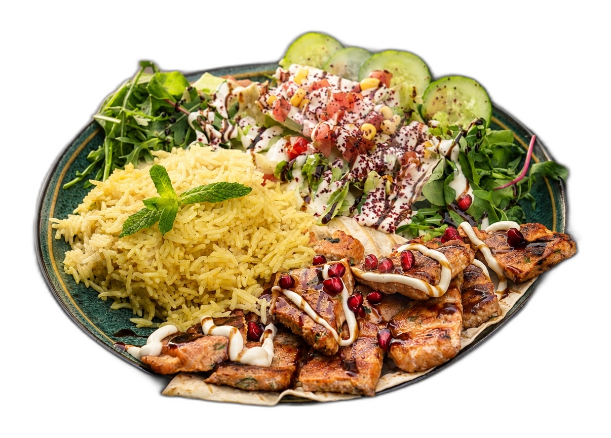 Komplettes Papa Lu Menü mit Chicken, Reis und Salat