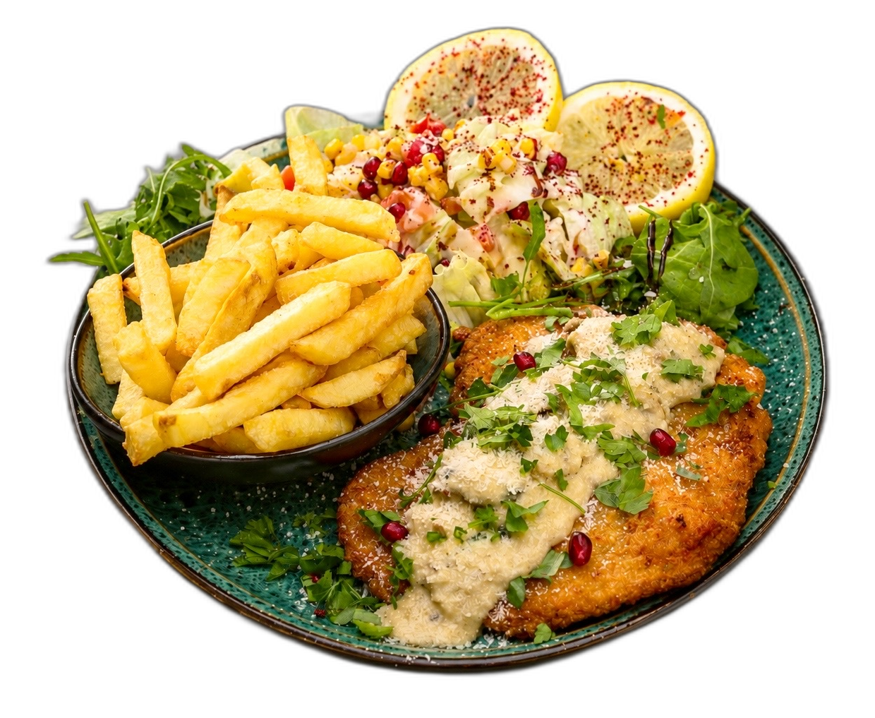 Papa Lu Spezialgericht mit knusprigem Chicken und Pommes
