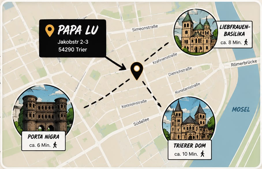 Papa Lu Karte mit Sehenswürdigkeiten in Trier